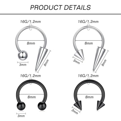 Zolure 16g Lip Rings Horseshoe Labret Jewelry Lip Barbell Ring Spike Snake Bite Piercing Jewelry Tragus Helix Earrings Studs Medusa Piercing for Women Men - color: 16G 8mm #2