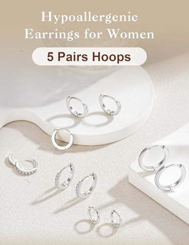Turandoss 5 Pairs Gold Huggie Hoop Earrings for Women | Dainty Small Hoop Earring Stacks, Cartilage, Multiple Piercing, 14K Gold Plated, Hypoallergenic - color: Silver Hoop