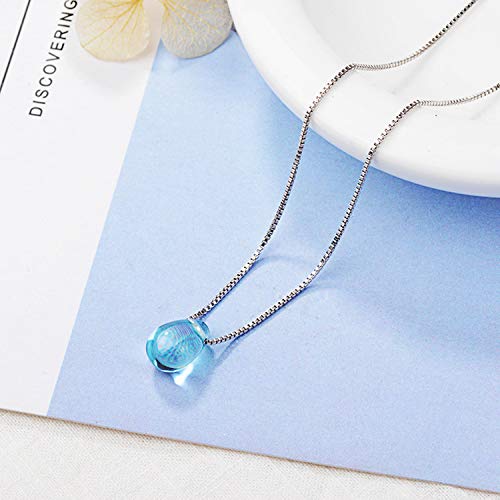 Caiyao Sweet Blue Waterdrop Round Bead Pendant Necklace Artificial Crystal Glass Simple Sea Teardrop Necklace for Women