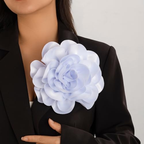 Dainty Satin Fabric Rose Flower Brooches 7.5in Extra Large Big Camellia Flower Brooches Lapel Pins for Women Wedding Party Dance Dress Clothes Accessories - color: White