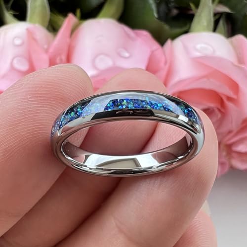 TUTISS 4mm Silver/Black Tungsten Rings for Women Men Engagement Wedding Bands Genuine Blue Green Galaxy Opal Inlay Domed Polished Comfort Fit - color: 4mm Tungsten Blue Galaxy Opal