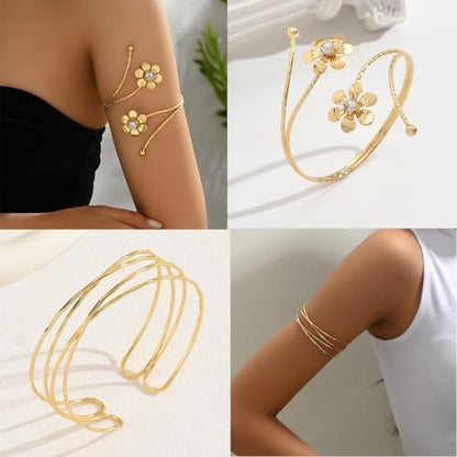 ItsStarred Minimalist Arm Cuff Gold Plated, Upper Arm Cuff Bangle Bracelet for Women, Adjustable Arm band Set 6 Pieces - color: E: Gold Plated Coil