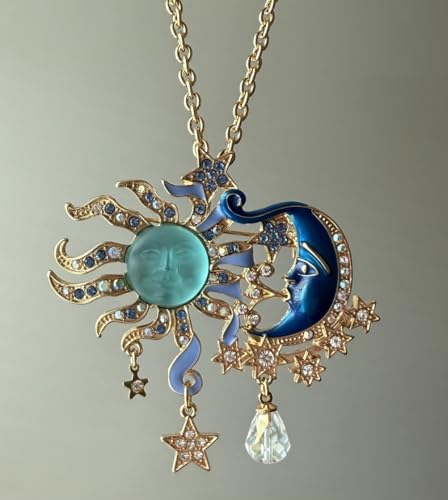 Vintage Exaggerated Sun God Face Pendant Necklace Lake Blue Crystal with Moon Star Details, Retro Metal Craft Jewelry for Women, Elegant for Daily Wear Special Occasions
