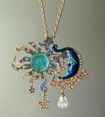 Vintage Exaggerated Sun God Face Pendant Necklace Lake Blue Crystal with Moon Star Details, Retro Metal Craft Jewelry for Women, Elegant for Daily Wear Special Occasions