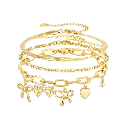 3PCS Charm Gold Bracelets for Women Non Tarnish,14k Plated Gold Bracelet Stack Cute Dainty Stackable Trendy Bow Cross Clover Bracelets Set Tarnish Free Gold Jewelry for Women Gifts - color: Bow-Gold