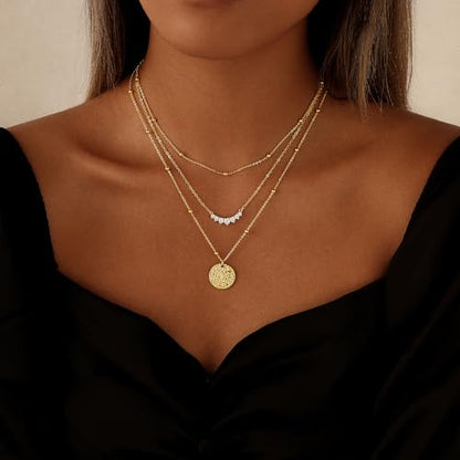 Layered Necklaces for Women 14K Gold Plated Stack Circle Pendant Trendy Long Chain Stackable Handmade Coin Necklace Set Dainty Gold Stacked Jewelry Gifts - color: Gold-1