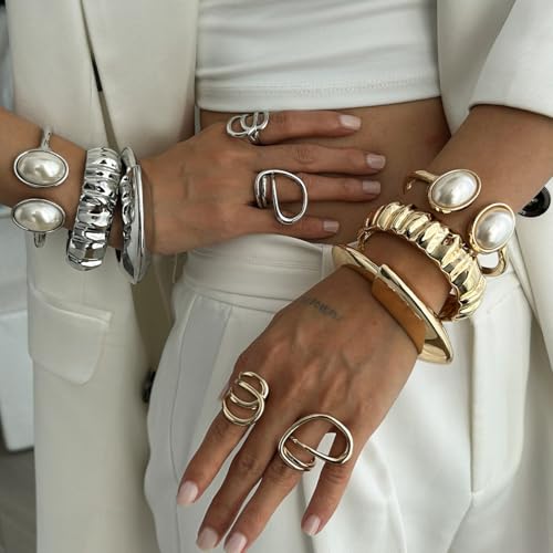 Gold Bangle Bracelet for Women | 14K Gold Plated Chunky Bracelet | Hinged Open Trendy Wide Bracelet for Women - color: silvery2