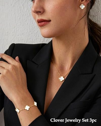 Clover Jewelry Set 3 PC - 18K Gold Plated Stainless Steel Y Necklace Four Leaf Pendant, Clover Bracelet Charm, 4leaf Earrings, Hypoallergenic Non-Tarnish, Lucky Jewelry Gifts for Women Mom - color: White/Gold