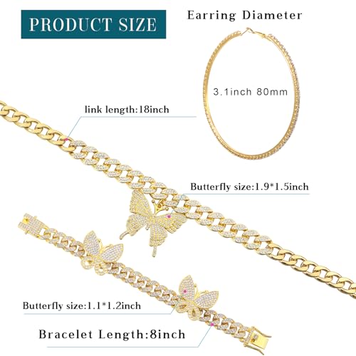 3 Pcs Butterfly Cuban Jewelry Set Cuban Link Chain Necklace for Women Rhinestone Pendant Necklace Bracelet Large Hoop - color: Gold, style: Classic