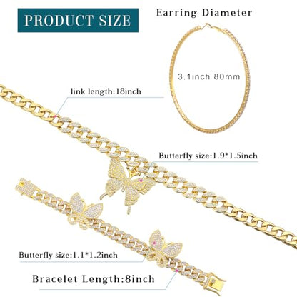 3 Pcs Butterfly Cuban Jewelry Set Cuban Link Chain Necklace for Women Rhinestone Pendant Necklace Bracelet Large Hoop - color: Gold, style: Classic