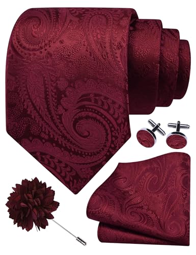 GUSLESON Paisley Tie Set for Men 3.15" Necktie Lapel Pin Hankerchief Cufflinks Set for Men - color: Burgundy