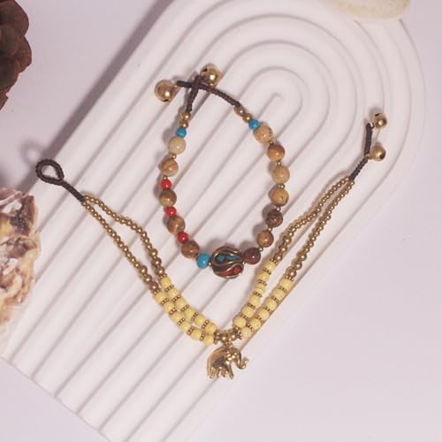 Petite Adjustable Boho Bracelet for Small Wrists 6-7.5 Inch - Handmade Nepalese Buddhist Prayer Bracelet with Elephant Charm, Brass Bell, Turquoise Stone & Tibetan Mantra Beads, Spiritual Lucky Gift - color: Yellow-2Pcs