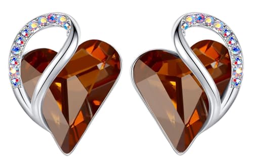 Infinity Love Heart Stud Earrings for Women, Birthstone and Healing Stone, Gifts for Mom, Wife, and Her, Silver Plated - color: 11c-November-Healing Stone for Stress Relief-Dark Topaz Brown