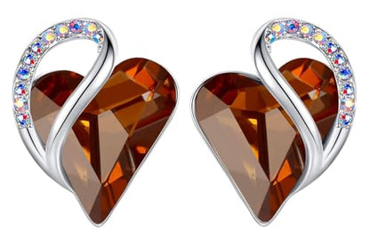 Infinity Love Heart Stud Earrings for Women, Birthstone and Healing Stone, Gifts for Mom, Wife, and Her, Silver Plated - color: 11c-November-Healing Stone for Stress Relief-Dark Topaz Brown