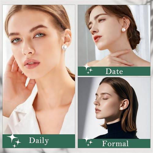 4 Pairs Pearl Stud Earrings Set for Women,925 Sterling Silver Hypoallergenic Earrings stud with Non-Slip Ear Backs,stud Round Large size Simulated pearl 6mm-12mm
