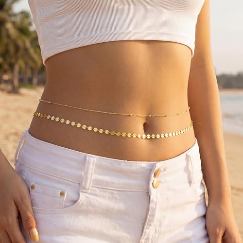 14K Gold Plated Belly Chain for Women, Boho Bikini Waist Jewelry | Adjustable Fit, Dainty Layered Look, Pearl, Shell & Starfish Options, Boho Body Jewelry, Beach, Vacation - color: Gold-Plated 2