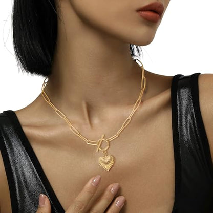 Chunky Gold Necklace for Women, 18K Waterproof Heart Necklace Statement Necklace Gold Charm Necklace Chunky Jewelry Paperclip Chain Choker Gift for Women - style: Heart Charm Toggle