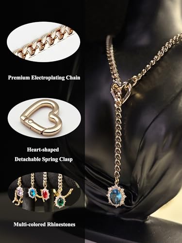 Women's Heart O-Ring Slip Chain Necklace, Double Layered Adjustable 39'' Cuban Chain with Detachable Heart Clasp and Colorful Rhinestone Pendant - color: 25'' Gold-Ocean Blue