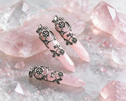 Top Plaza Flower Wrapped Natural Rose Quartz Crystal Necklace | Antique Silver Healing Crystal Gemstone Necklaces for Women Mothers Day Mom Gifts - color: Rose Quartz