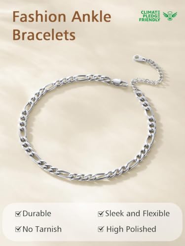 FindChic Stainless Steel Ankle Bracelets for Women, Waterproof Figaro/Cuban/Box/Beaded Chain Anklets, Summer Beach Foot Jewelry, 8.5''-10.5'' Adjustable Length, with Gift Box - style: A Figaro Chain-Silver