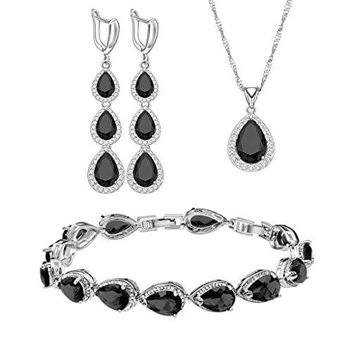 LMXXVJ Necklace Long Earrings Bracelet Set, White Gold Plated Created Blue Sapphire Jewelry Set Wedding Party Gift Jewelry for Women Bridal Bridesmaid - color: Black