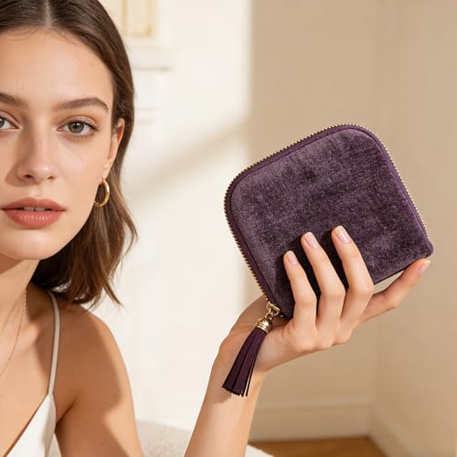 Women's Coin Purses Velvet Mini Travel Jewelry Case Bag with Tassel - color: A-Dark Purple