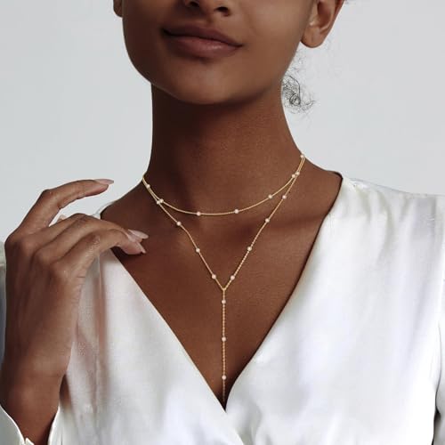 HERIER Lariat Gold Necklace for Women, Dainty Long Necklace 14k Gold Plated/Silver Y-Shaped Layered Beaded Chain Drop Necklaces for Women Trendy Simple Gold Jewelry for Women Gifts - color: Y Layered Pearl Jewelry-Gold
