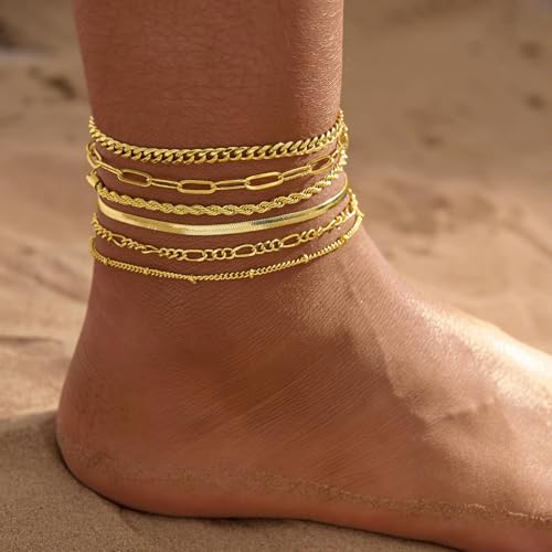 Gold Stainless Steel Anklet Chain for Women Adjustable Ankle Bracelet Fashionable Simple Design, Round mold chain - color: Gold+ Blade Chain, size: 22+3cm