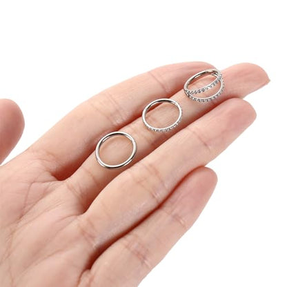 FUNLMO 3Pcs Nose Rings Double Hoop Nose Ring Conch Daith Tragus Helix Rook Piercing Jewelry Surgical Steel Cartilage Earring Conch Hoop Earring Septum Jewelry Lip Ring - color: Style 2: Silver