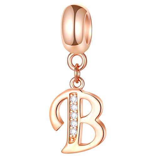 EMOSTAR Letter Charms Initial A-Z Alphabet Beads, Rose Gold 925 Sterling Silver Dangle CZ Birthstone Pendant, Gifts for European Charm Bracelet/Mothers Day/Birthday - color: Letter B
