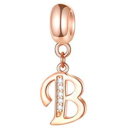 EMOSTAR Letter Charms Initial A-Z Alphabet Beads, Rose Gold 925 Sterling Silver Dangle CZ Birthstone Pendant, Gifts for European Charm Bracelet/Mothers Day/Birthday - color: Letter B