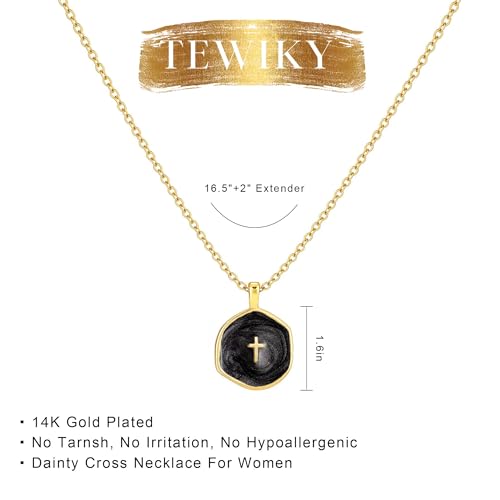 Tewiky Cross Necklace for Women 14k Gold Plated Cross Pendant Necklaces | Cute Necklaces for Women,Jewelry ,Graduation Gift for Her - color: Black