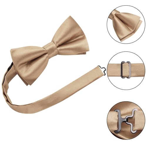Hi-Tie 5Pcs Mens Solid Color Silk Tie Satin Pretied Bowtie Lapel Pin for Men Handkerchief Cufflink Wedding Gift Box - color: Beige