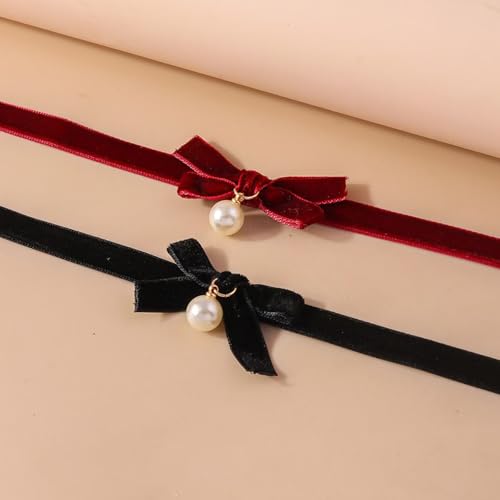 Bow Necklace for Women Red Bow Velvet Choker Necklace Black Ribbon Pearl Pendant Necklace Cute Bow Knot Necklace for Christmas Gifts - color: Bow Red