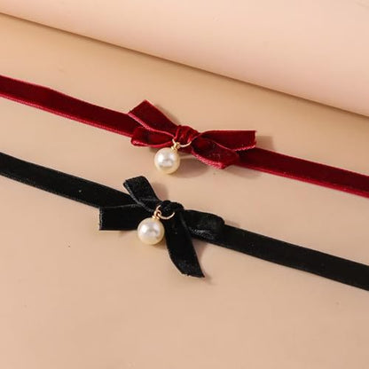 Bow Necklace for Women Red Bow Velvet Choker Necklace Black Ribbon Pearl Pendant Necklace Cute Bow Knot Necklace for Christmas Gifts - color: Bow Red