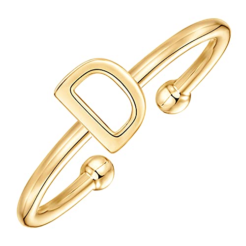 PAVOI 14K Gold Plated Initial Letter Ring for Women, Adjustable Band | Thin Initial Band - Dainty Fashion Jewelry Gifts - style: - D