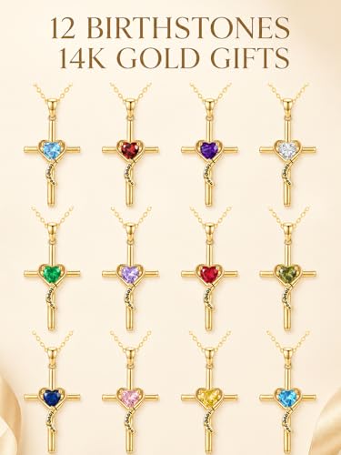 14K Gold Cross Necklace for Women Dainty Birthstone Pendant | Heart I Love You Romantic Jewelry Anniversary Christian Religious Baptism Birthday Gifts with 18"+2" Adjustable Chain - color: 14K Gold-07-Jul Birthstone