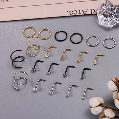 21PCS 18G 20G 22G 316L Stainless Steel Nose Rings Hoop for Women Men Double Nose Ring CZ Nose Stud Piercing Jewelry - color: 18G-Sliver+Gold+Black
