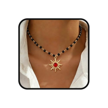 Tgirls Boho Beaded Choker Necklace Opal Bead Necklace Sun Pendant Summer Jewelry for Women - color: Black-opal