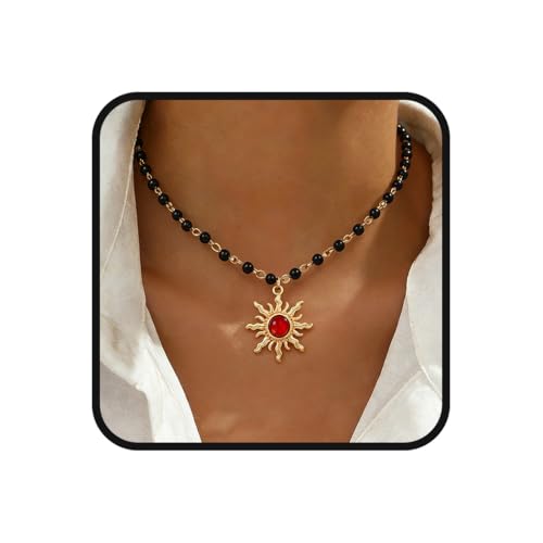 Tgirls Boho Beaded Choker Necklace Opal Bead Necklace Sun Pendant Summer Jewelry for Women - color: Black-opal