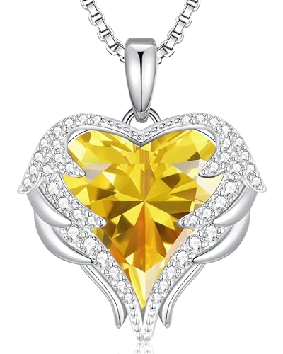 CDE Angel Wings Heart Birthstone Pendant Necklace Gift for Women | Silver/Gold Tone,Ideal Birthday & Anniversary Jewelry Gift for Wife,Girlfriend,Her - color: White-11-Yellow Birthstone