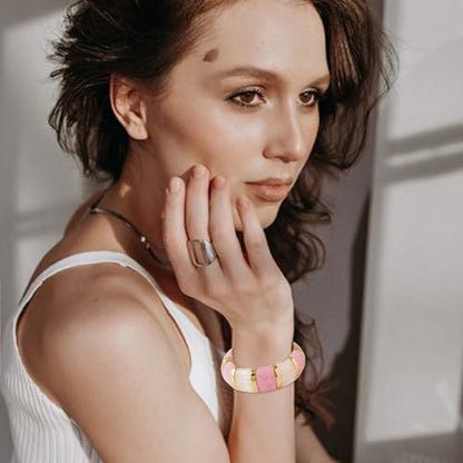 YBMYCM Acrylic Chunky Bangles Bracelets for Women Resin Gold-plated Stackable Stretch Bracelet Wide Wristbands Gift Jewelry - color: Pink white