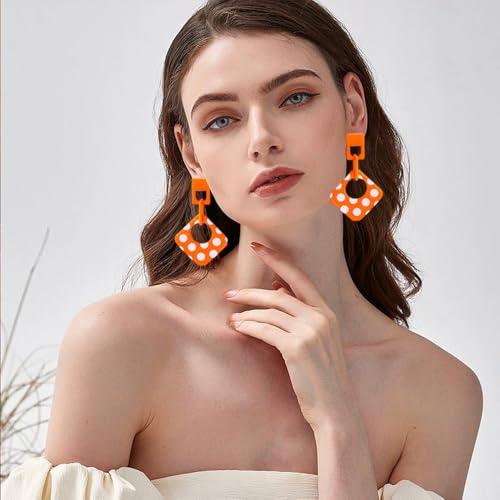 Handmade Lightweight Retro Polka Dot Square Hollow Round Dangle Drop Earrings Unique Chic Resin Geometric Stud Earrings For Women - style: Orange Chain