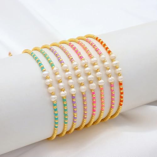 Colorful Stackable Rice Small Mini Seed Beaded Bracelets Set For Women, Handmade Dainty Boho Gold Glass Stretch Accessories Jewelry,Summer Beach Party Daily Friendship Gift - color: 8Pcs Pearl Adjustable