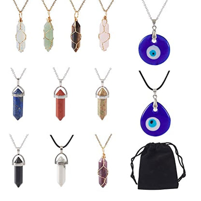 12pcs Healing Crystal Necklaces Hexagonal Natural Gemstone Pendants Bullet Shape Mix Quartz Stone Charms & Evil Eye Charms for DIY Necklace Bracelet Earring Jewelry Making Women Girls - color: 3-Mixed Color-Bullet with Chain