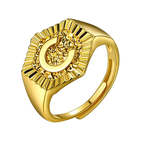 U7 Initial Ring Wedding Band for Men Women 18K Gold Plated Statement Hexagon A-Z Letter Jewelry Personalized Stackable Signet Rings - color: C