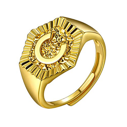 U7 Initial Ring Wedding Band for Men Women 18K Gold Plated Statement Hexagon A-Z Letter Jewelry Personalized Stackable Signet Rings - color: C