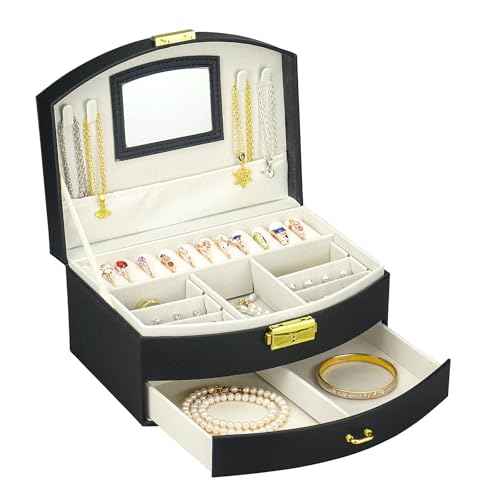 Jewelry Box for Women, Jewelry Organizers Box with Mirror & Lock | Black Leather 2 Layer Jewelry Organizers and Storage Box, Small Jewelry Organizer for Necklace Earrings Rings - color: Black