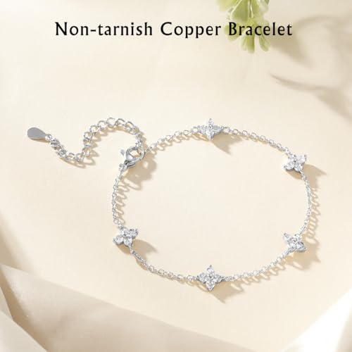 Emibele Gold Bracelets for Women, 18K Gold Plated Hand Chain, Cubic Zirconia Stainless Steel Non Tarnish Hand Chain Bracelet with Finger Ring, Adjustable Trendy Jewelry Valentines Day Gifts for Women - style: Four Leaf A