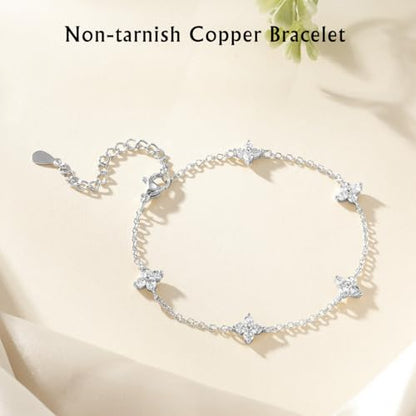 Emibele Gold Bracelets for Women, 18K Gold Plated Hand Chain, Cubic Zirconia Stainless Steel Non Tarnish Hand Chain Bracelet with Finger Ring, Adjustable Trendy Jewelry Valentines Day Gifts for Women - style: Four Leaf A